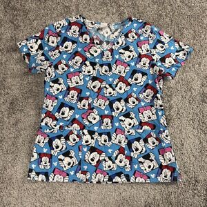 Disney Womens Scrub Top Small Blue Minnie Mouse Cotton Cartoon‎ Print Nurse